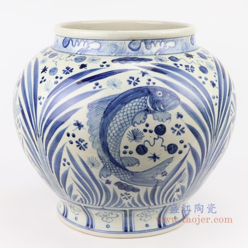 RZFH23 仿古青花 手绘鱼藻纹大罐 背面图