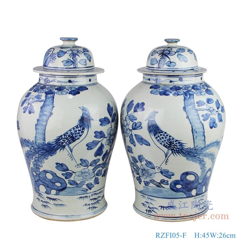RZFI05-F 仿古手绘青花花鸟将军罐 正面图