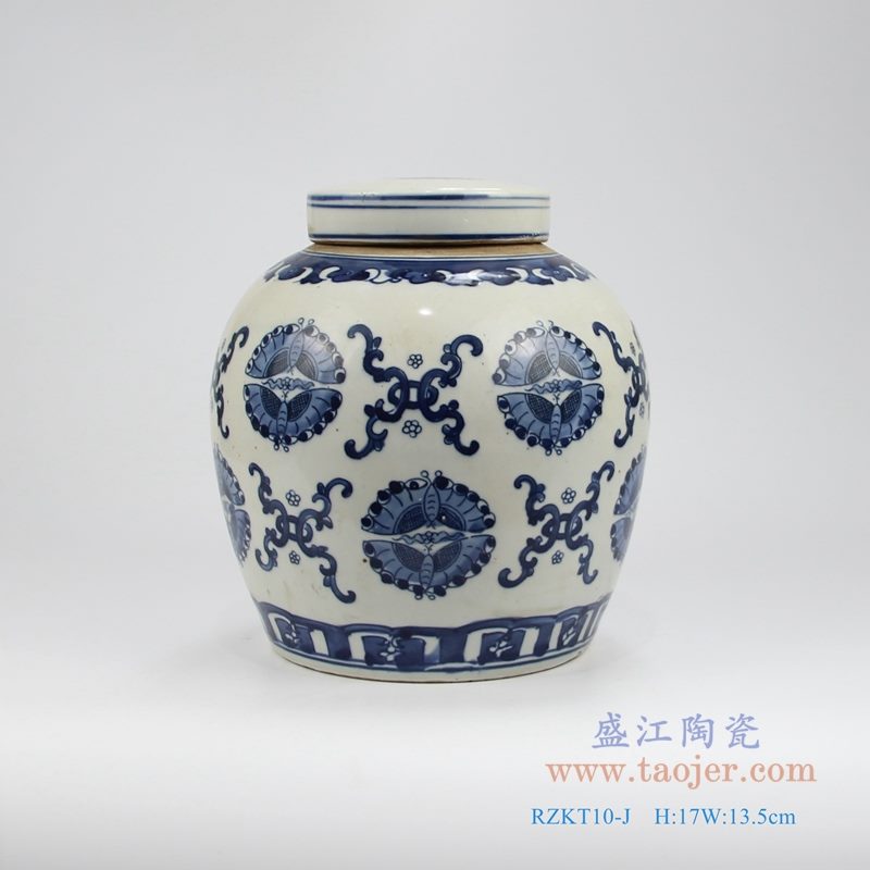 RZKT04-Y 手绘青花蝴蝶纹茶叶罐 正面图