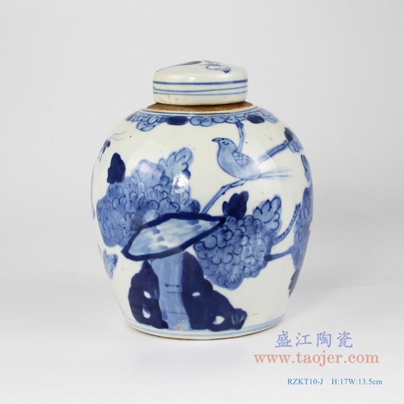 RZKT10-J 仿古 手绘青花花鸟纹茶叶罐 正面图