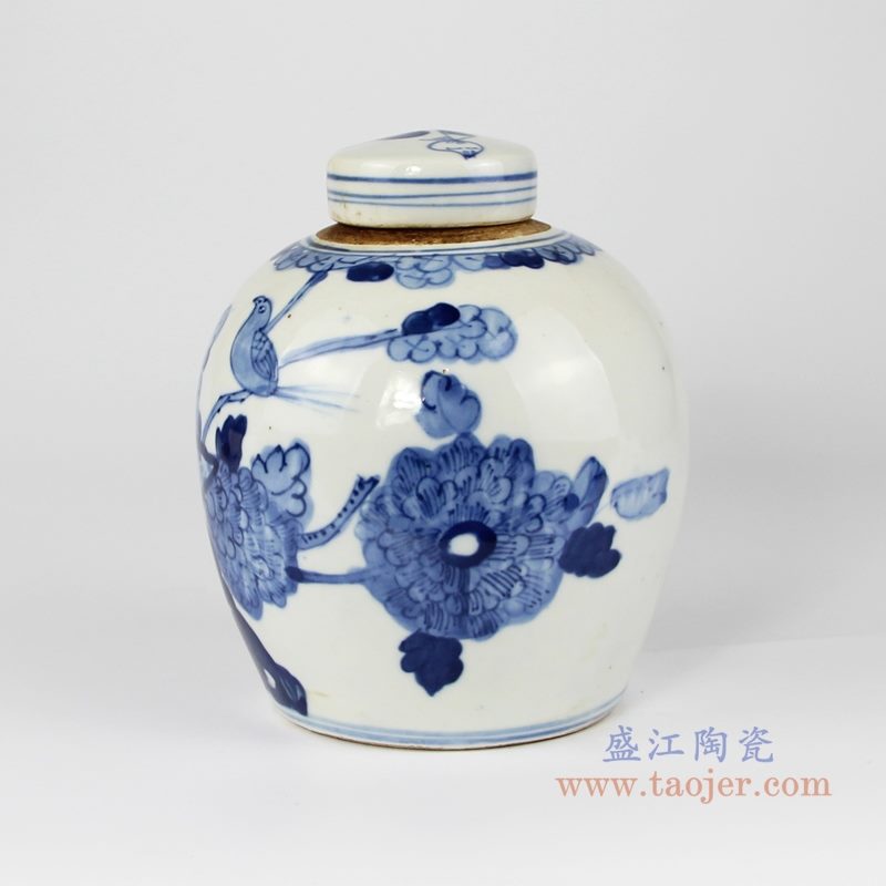 RZKT10-J 仿古 手绘青花花鸟纹茶叶罐 背面图