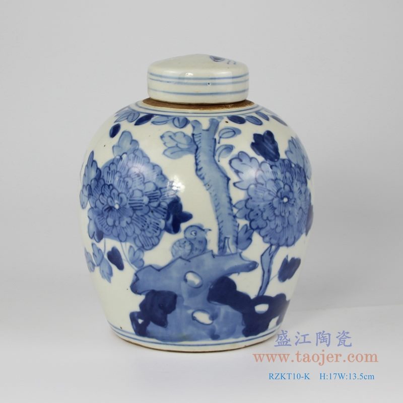 RZKT10-K 手绘青花花鸟纹茶叶罐 正面图