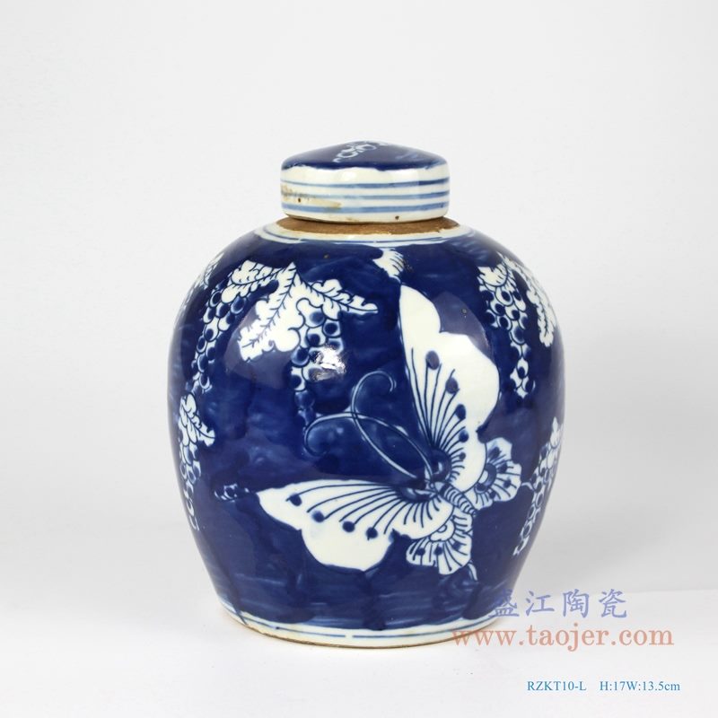 RZKT10-L手绘青花蝴蝶纹茶叶罐 正面图
