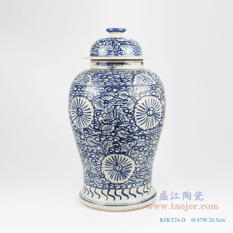 RZKT24-D手绘青花写意缠枝莲花卉将军罐 正面图