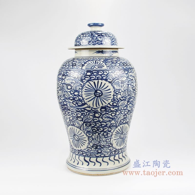 RZKT24-D手绘青花写意缠枝莲花卉将军罐 背面图
