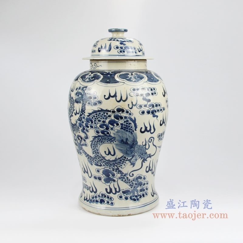 RZKT24-F 手绘青花火焰纹凤凰将军罐 侧面图