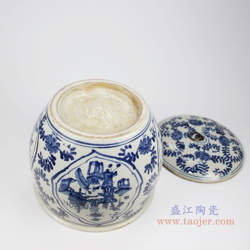 RZKT31 仿古 手绘青花开窗博古图茶叶罐 底部图