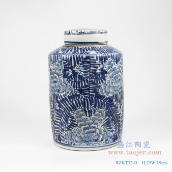 RZKT32-B 仿古手工青花缠枝牡丹纹茶叶罐 带盖直身罐