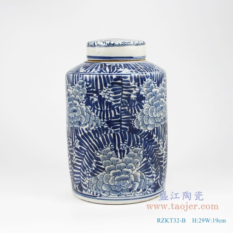 RZKT32-B 仿古手工青花缠枝牡丹纹茶叶罐 正面图