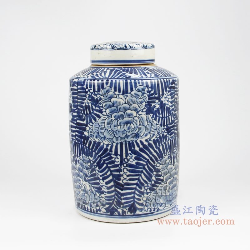 RZKT32-B 仿古手工青花缠枝牡丹纹茶叶罐 背面图