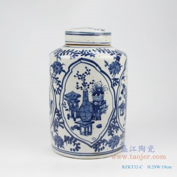 RZKT32-C 仿古 手绘青花开光博古图带盖直身茶叶罐  带盖罐子