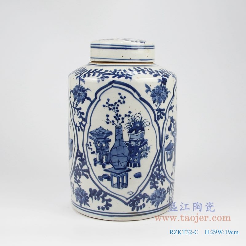 RZKT32-C手绘青花开光博古图直身茶叶罐 正面图