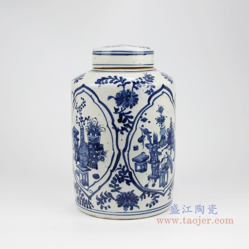 RZKT32-C手绘青花开光博古图直身茶叶罐 侧面图