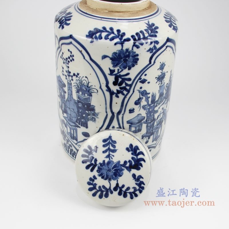 RZKT32-C手绘青花开光博古图直身茶叶罐 盖子图