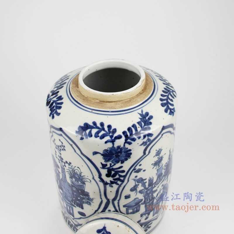 RZKT32-C手绘青花开光博古图直身茶叶罐 罐口图