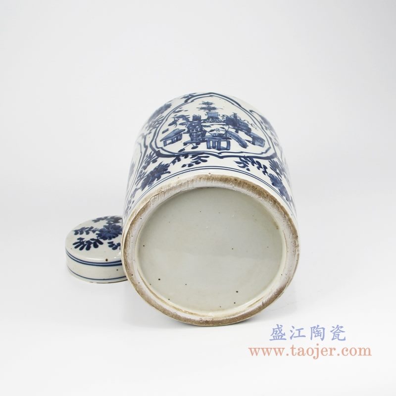 RZKT32-C手绘青花开光博古图直身茶叶罐 底部图