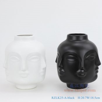 RZLK25-A-black 北欧缪斯哑光黑色陶瓷六面人脸花瓶  微笑的朵拉
