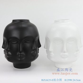 RZLK25-E-black 北欧缪斯哑光黑色陶瓷八面人脸花瓶悲伤的朵拉