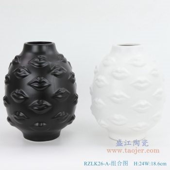 RZLK26-A-black 北欧缪斯哑光黑色陶瓷人脸花瓶 性感的嘴唇
