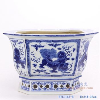 RYLU167-B-仿古手绘青花八角八面八边形狮子纹花盆