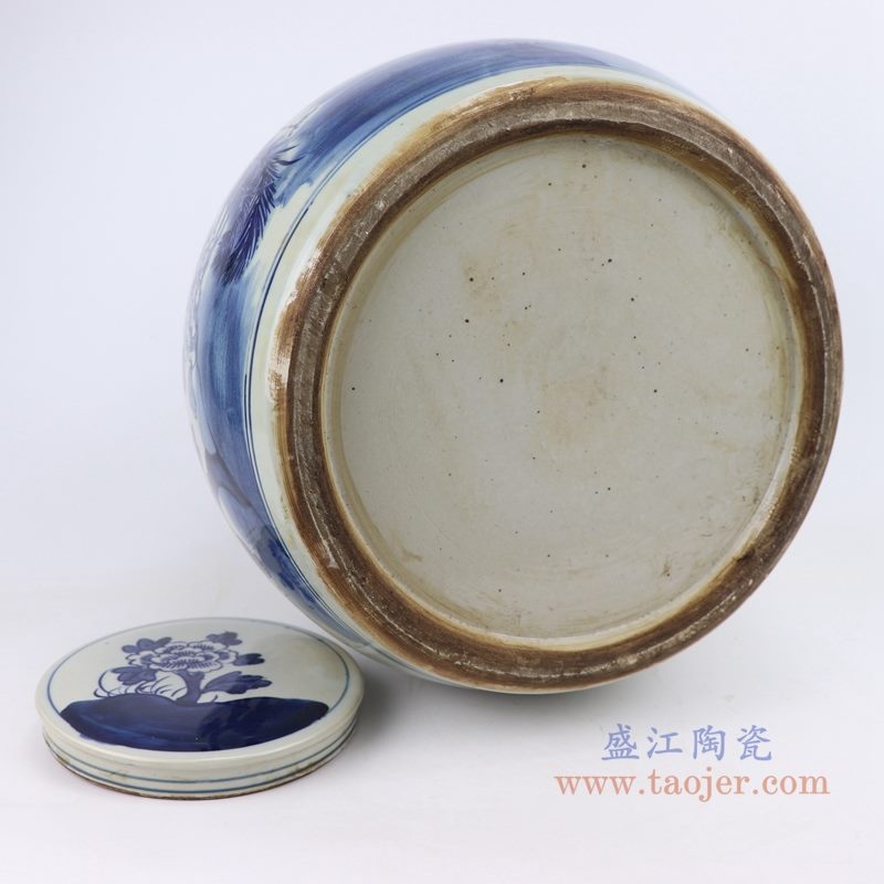 上图：仿古手绘青花花鸟双凤凰纹大脚带盖眀罐 底部图 购买请点击图片