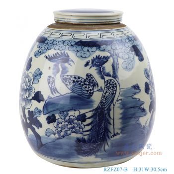 RZFZ07-B-仿古手绘青花花鸟双凤凰纹大脚带盖眀罐