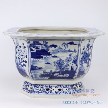 RZKS13-B-仿古手绘手工青花园林山水八角八面瓜棱八边形镂空底花盆