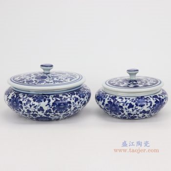 RZNV08-a-sma-青花缠枝莲纹带盖圆扁肚茶叶罐子小号