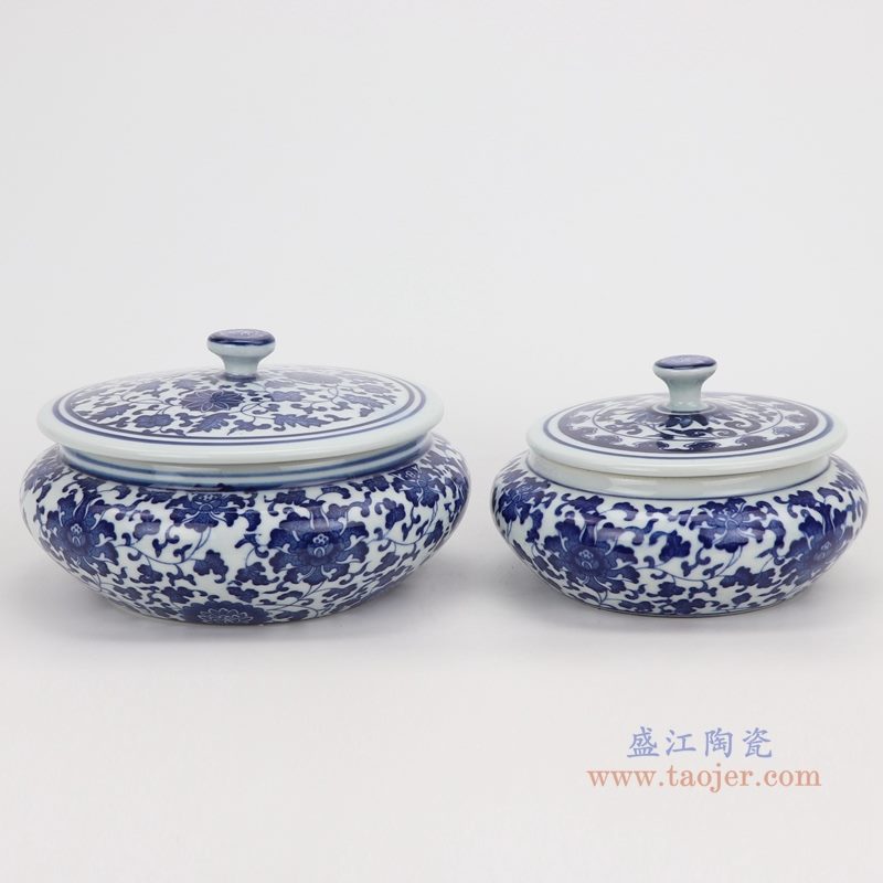 上图：青花缠枝莲纹带盖圆扁肚茶叶罐子大小号组合图  购买请点击图片