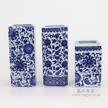RZNV10-12 青花缠枝莲纹四方形直筒白如意口笔筒小花瓶