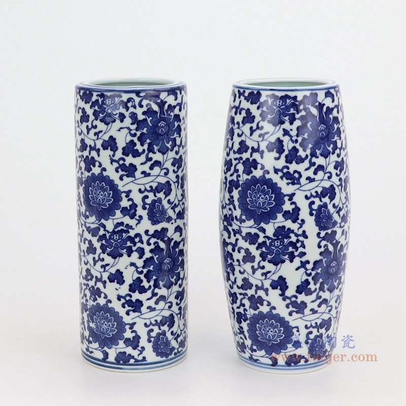 上图：青花缠枝莲纹圆形直筒青花圆口笔筒小花瓶组合图  购买请点击图片