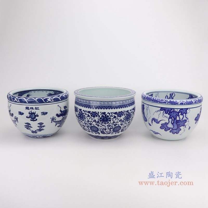 上图：青花缠枝莲纹葫芦纹双龙戏珠龙纹圆形小缸组合图 购买请点击图片