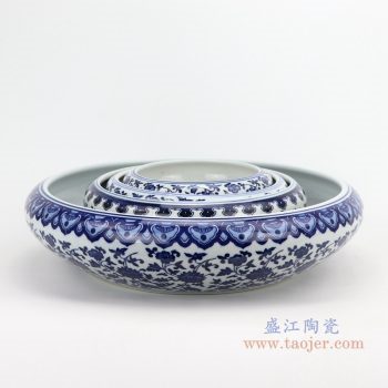 RZNV22-A-B-C-D-青花缠枝莲纹圆形扁肚笔洗水浅迷你大中小号