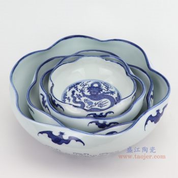 RZNV24-A-B-C-D青花云龙纹荷叶形花口笔洗水浅迷你大中小号