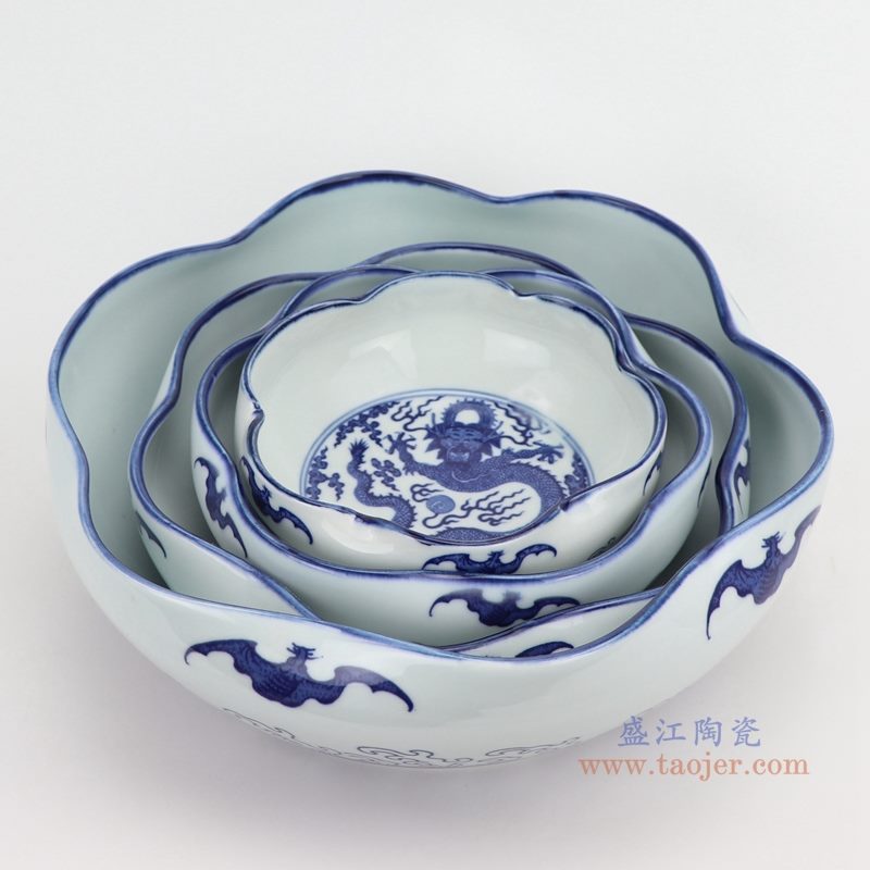 上图：青花云龙纹荷叶形花口笔洗水浅组合图  购买请点击图片
