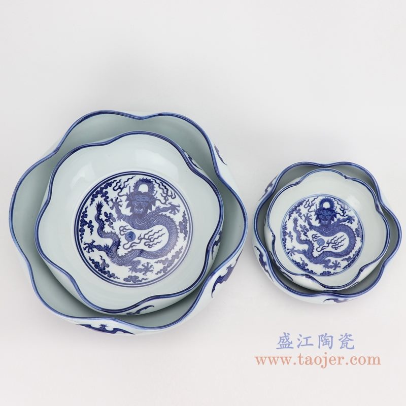 上图：青花云龙纹荷叶形花口笔洗水浅组合图  购买请点击图片