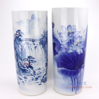 RZQZ01-A-B-青花手工手绘荷花山水箭筒伞筒