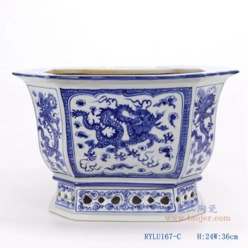 RYLU167-C-仿古手绘青花八角八面八边形龙纹纹花盆