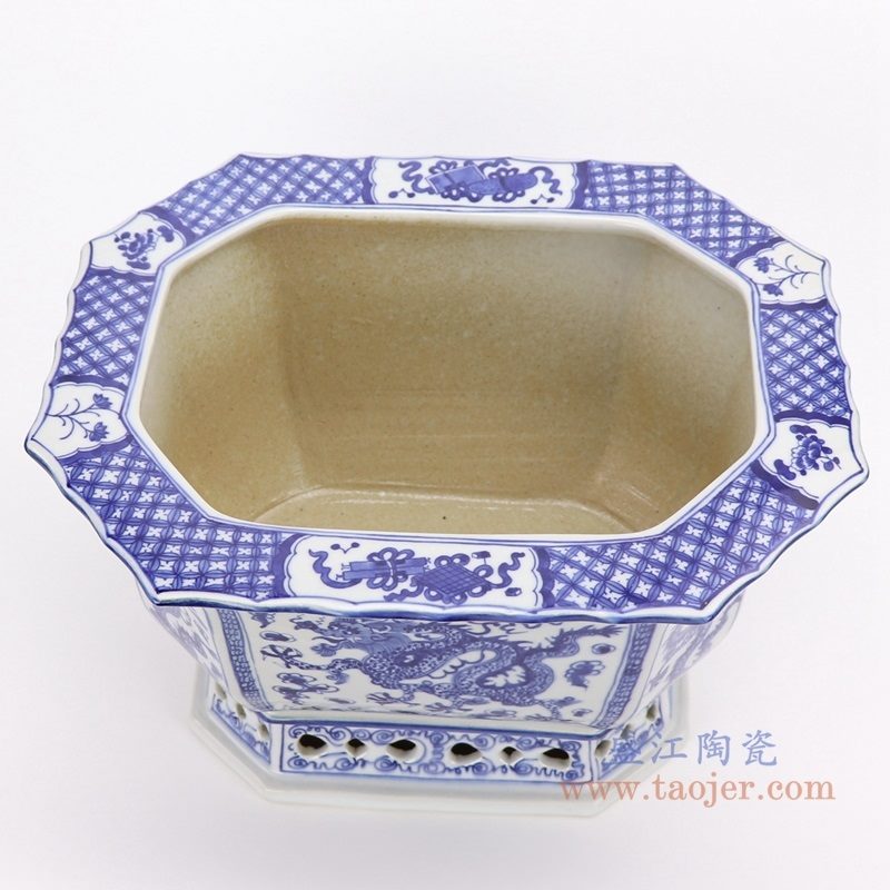 RYLU167-C-仿古手绘青花八角八面八边形龙纹纹花盆