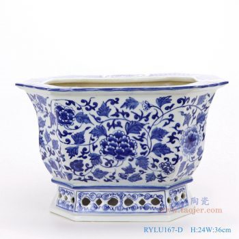 RYLU167-D-仿古手绘青花八角八面八边形缠枝牡丹纹花盆