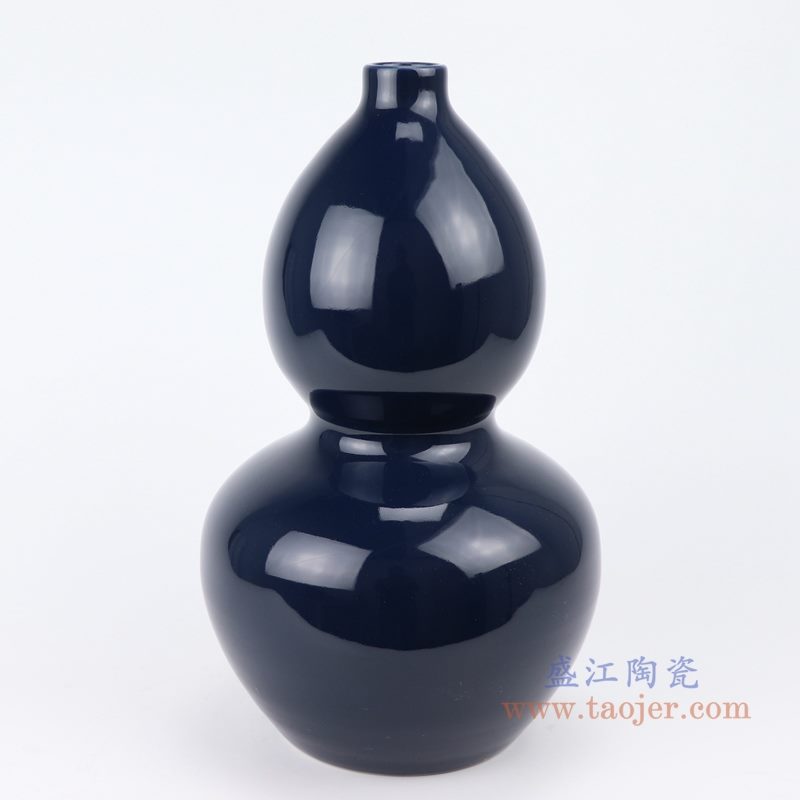 上图：深蓝祭蓝颜色釉陶瓷葫芦瓶花瓶背面图 购买请点击图片