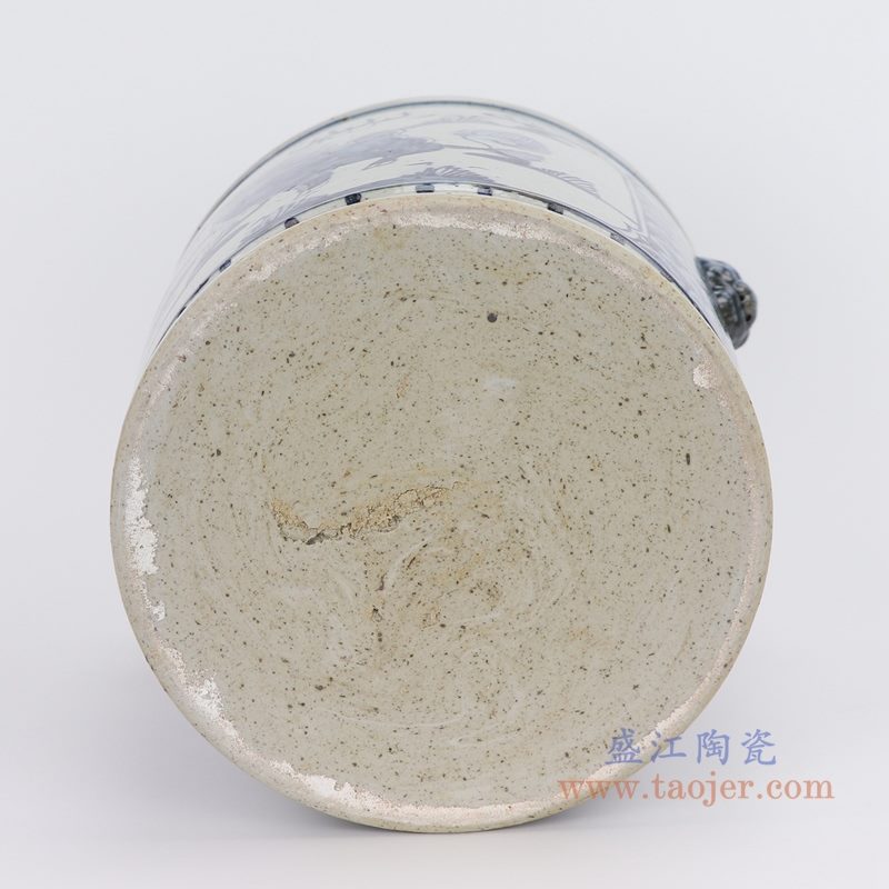 上图：仿古手绘青花双耳狮头麒麟纹直筒小缸底部  购买请点击图片