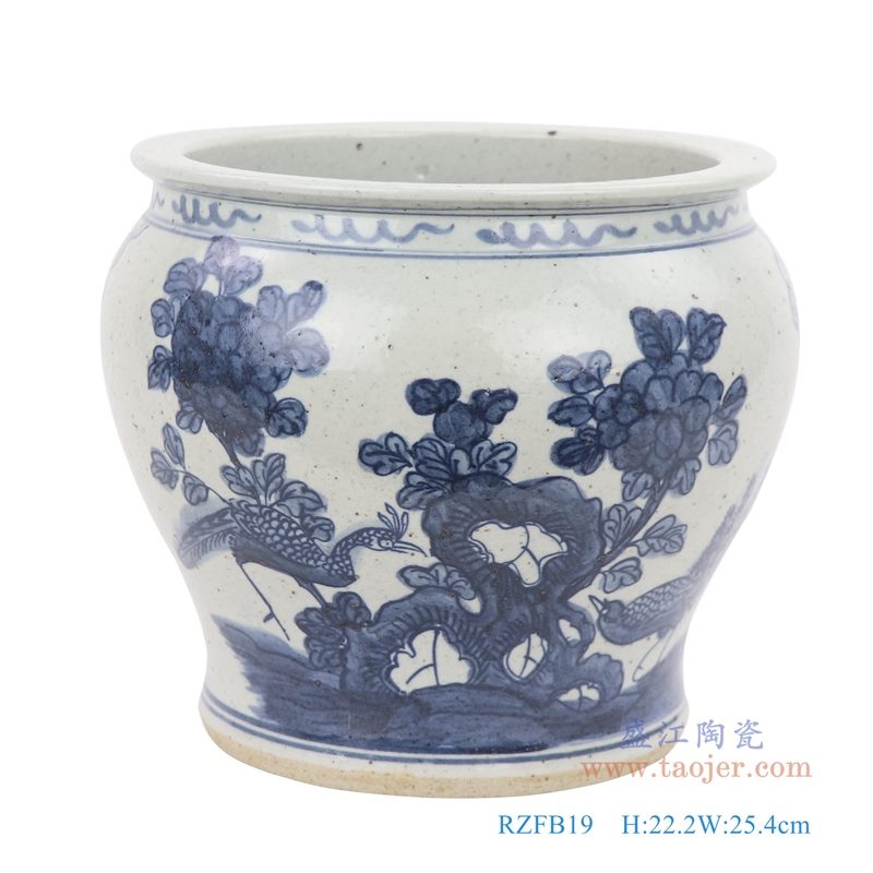 上图：仿古手绘青花花鸟纹小缸正面图片  购买请点击图片