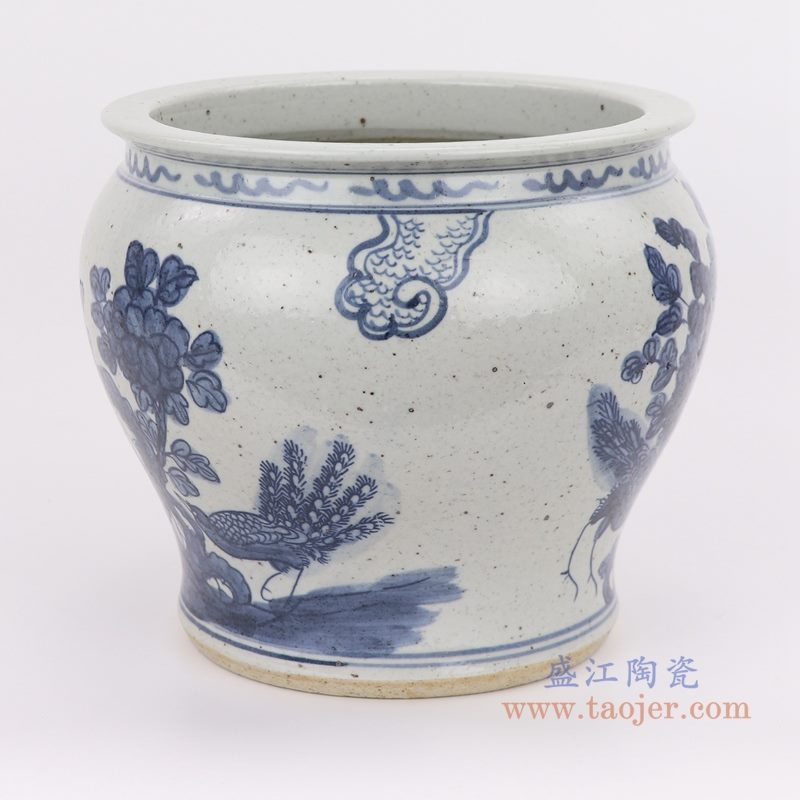 上图：仿古手绘青花花鸟纹小缸侧面图片  购买请点击图片