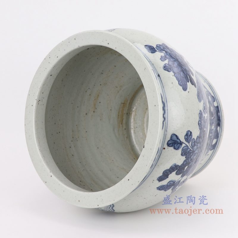 上图：仿古手绘青花花鸟纹小缸口部图片  购买请点击图片