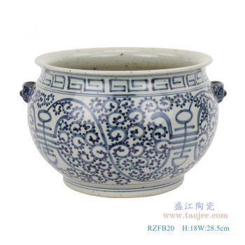 RZFB20-仿古手绘青花双耳狮头寿子纹扁肚小缸 香炉