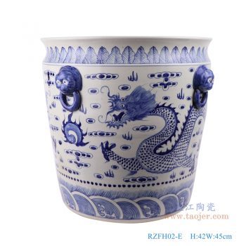 RZFH02-E-仿古手绘青花狮头耳衔环龙纹直口大缸