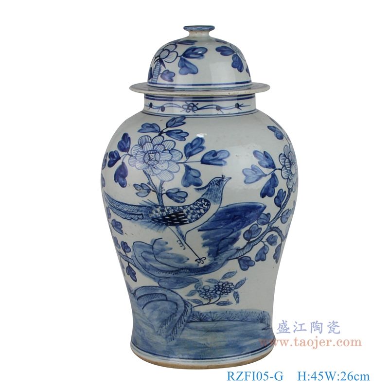 上图:仿古手绘青花花鸟锦鸡牡丹图案将军罐单个图 购买请点击图片