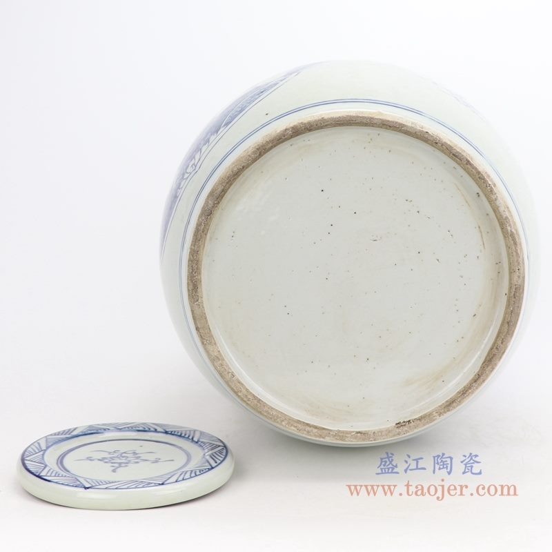 上图：仿古手绘青花开光童子戏莲带壶嘴陶瓷带盖坛罐子底部图  购买请点击图片