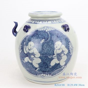 RZGC08-仿古手绘青花开光童子戏莲带壶嘴陶瓷带盖坛罐子